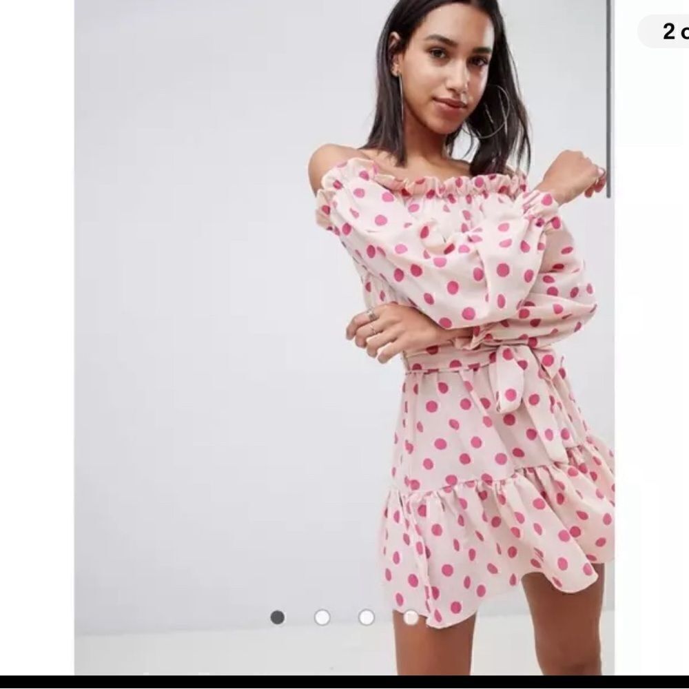 PRETTY LITTLE THING pink polka dot ruffle off shoulder dress empire waist belt 6 - Picture 3 of 10